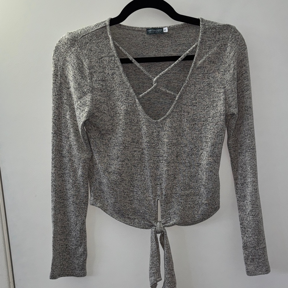 Stylish Heather Gray Long Sleeve Tie-Front Top